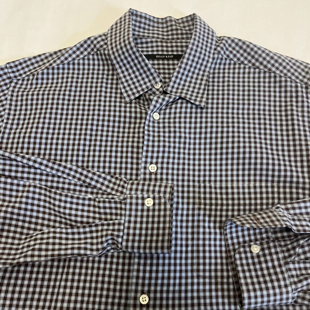 BILLY REID Men's Blue /Brown Checked Shirt Cotton L/S Button Front Size 2XL
